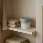 Un pequeño armario doméstico con un absorbedor de humedad en una balda y ropa doblada cerca.