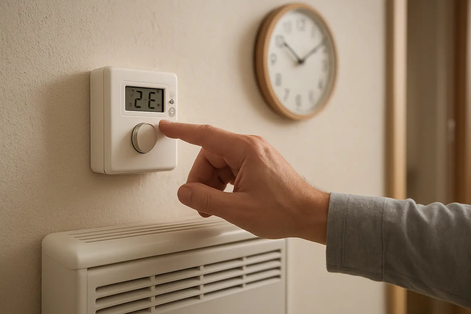 Mano ajustando el control de un acumulador eléctrico junto a un reloj de pared.