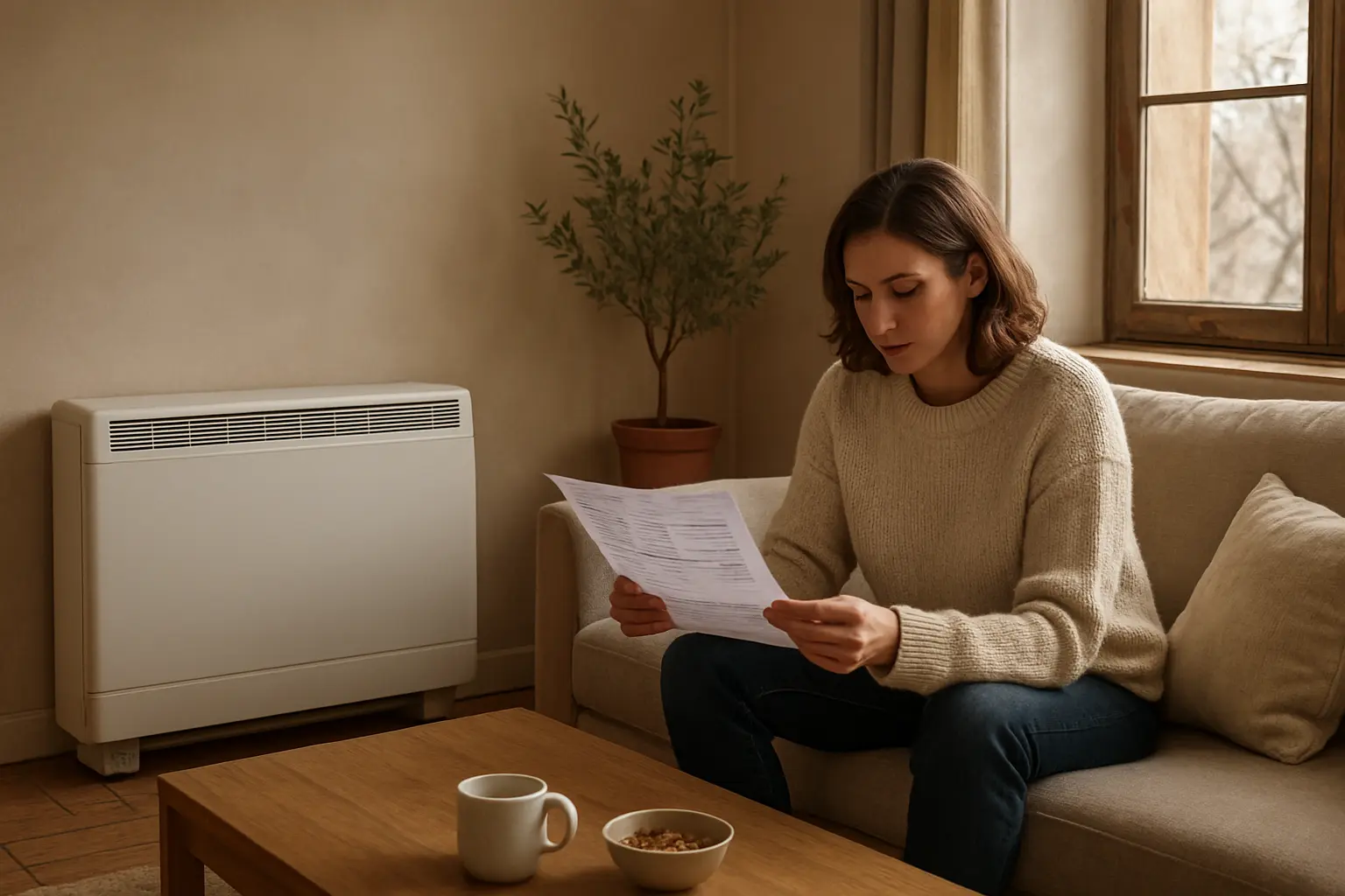 Salón de casa con un acumulador eléctrico de calor junto a la pared y una persona mirando papeles sobre la mesa.