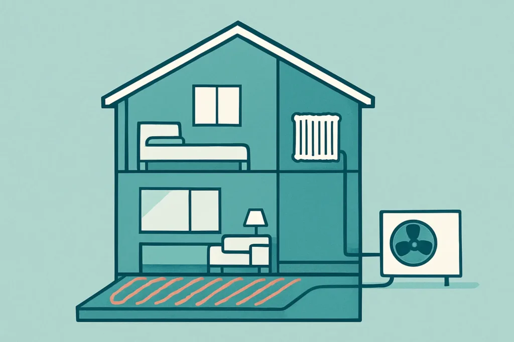 Ilustración de una vivienda con suelo radiante en la planta baja y radiadores en la planta superior conectados a una aerotermia exterior.