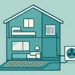 Ilustración de una vivienda con suelo radiante en la planta baja y radiadores en la planta superior conectados a una aerotermia exterior.