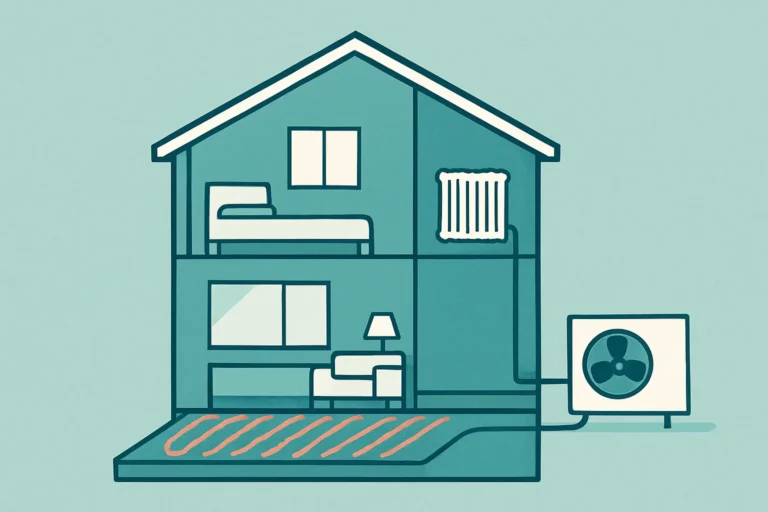 Ilustración de una vivienda con suelo radiante en la planta baja y radiadores en la planta superior conectados a una aerotermia exterior.