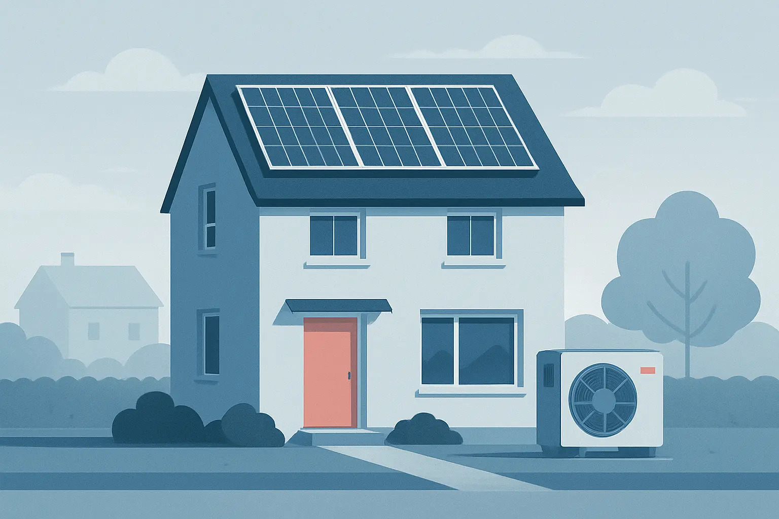 Casa unifamiliar con placas solares en el tejado y una unidad exterior de aerotermia en el exterior