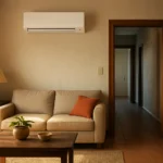Salón doméstico conectado a un pasillo, con un split en la pared y una puerta interior abierta.