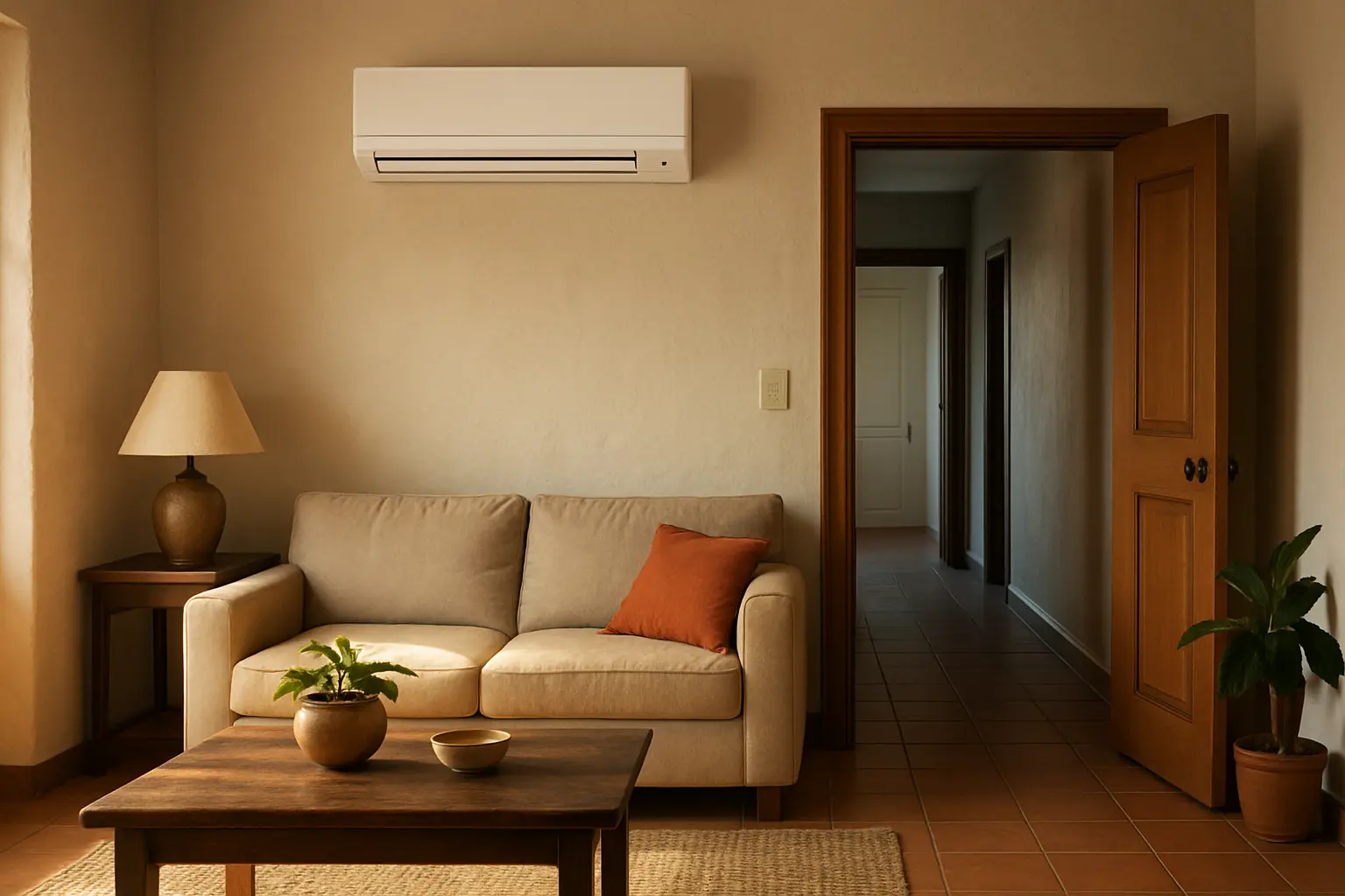 Salón doméstico conectado a un pasillo, con un split en la pared y una puerta interior abierta.
