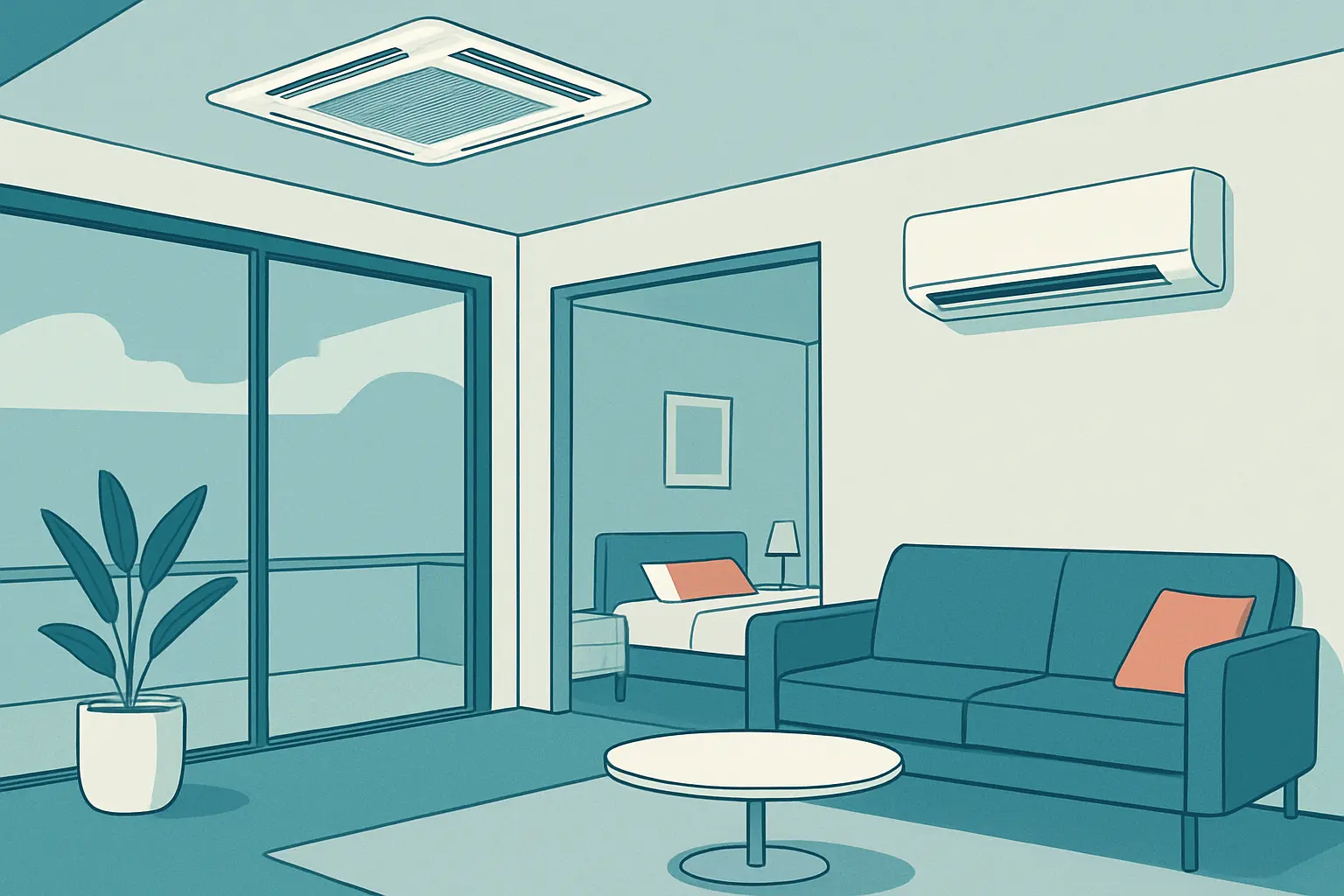 Interior de una vivienda con un cassette de techo y un split de pared en estancias distintas
