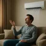 Un salón doméstico con un split de pared encendido y una persona sentada notando el aire con la mano.