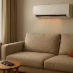 Un salón doméstico con un split en la pared, un sofá y un móvil sobre una mesa junto a la estancia