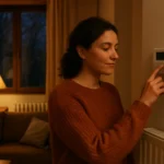 Persona ajustando un termostato en un salón de casa por la noche, con ambiente cálido y decoración doméstica