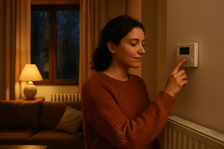 Persona ajustando un termostato en un salón de casa por la noche, con ambiente cálido y decoración doméstica