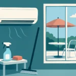 Ilustración de un aire acondicionado doméstico junto a una ventana y utensilios de limpieza en una vivienda