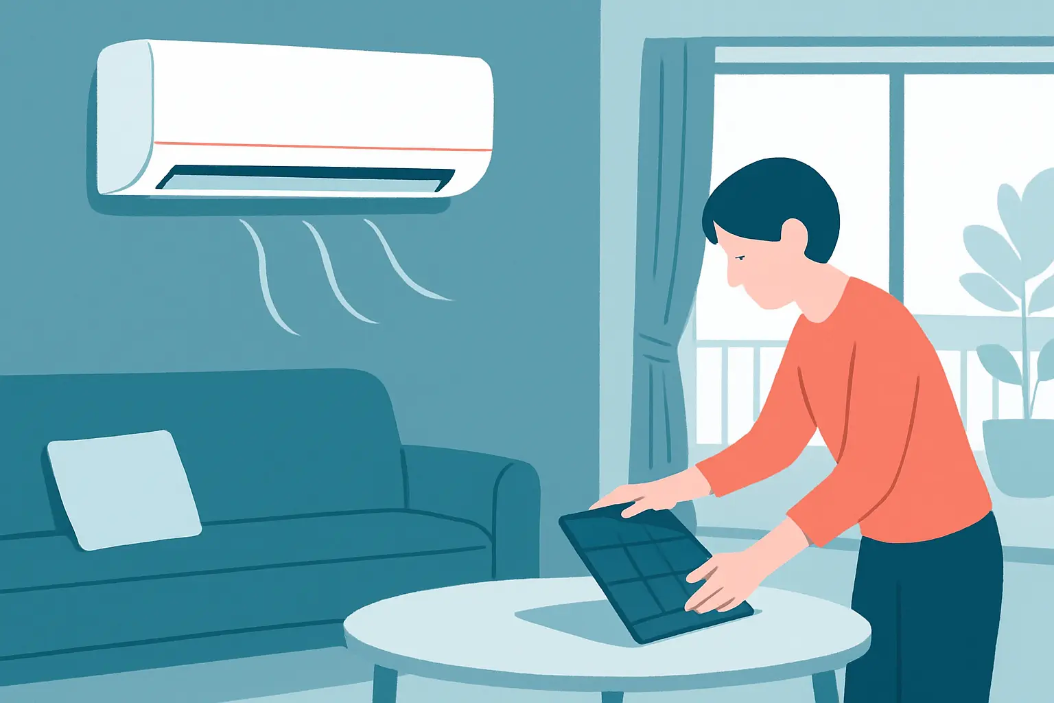 Ilustración de un split doméstico en secado interno y, al lado, una limpieza manual sencilla de filtros