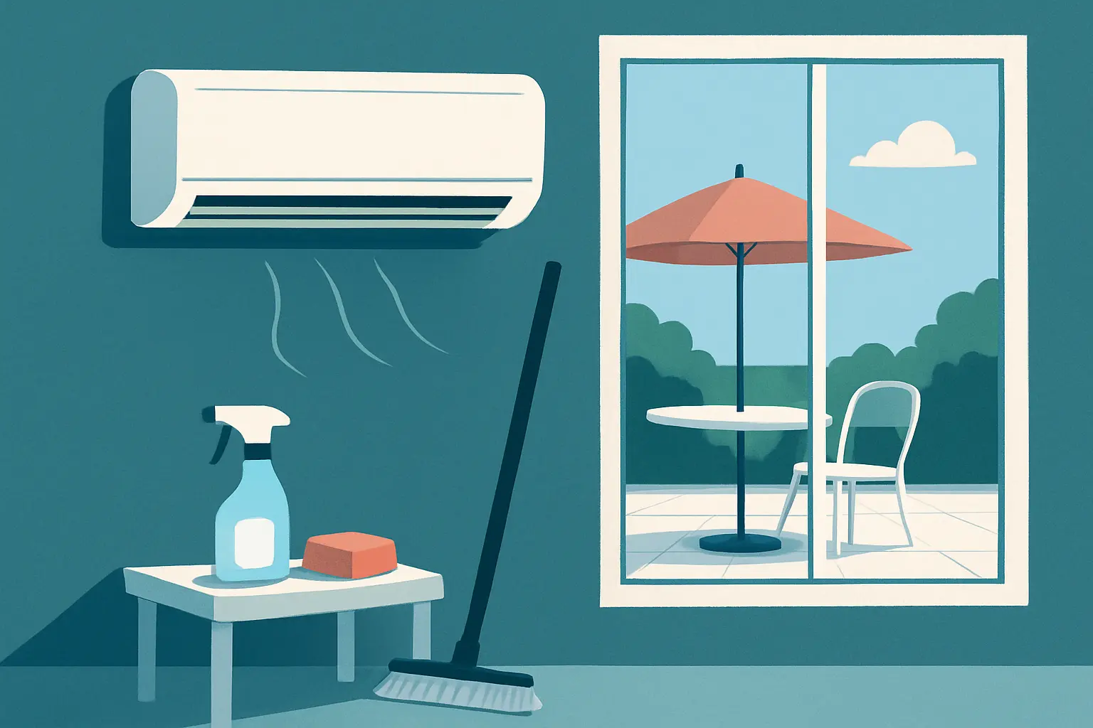 Ilustración de un aire acondicionado doméstico junto a una ventana y utensilios de limpieza en una vivienda