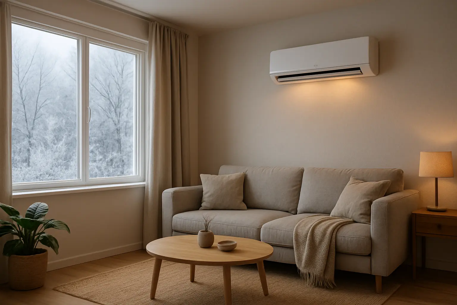 Salón moderno con una unidad interior de bomba de calor en la pared y una ventana con frío exterior