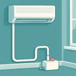 Interior de una vivienda con un split de aire acondicionado y una pequeña bomba de condensados junto a la instalación
