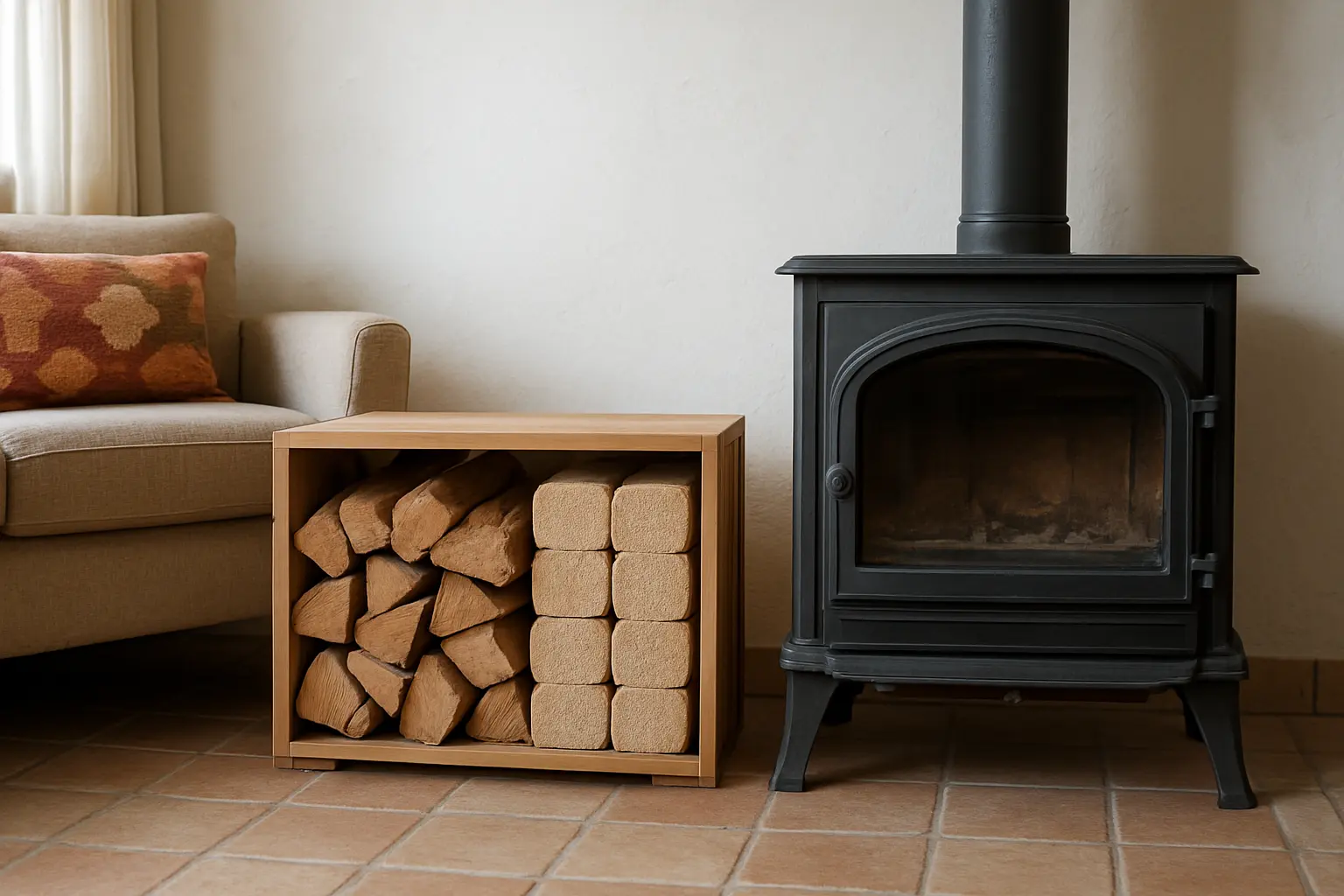 Una estufa de leña en un salón y, al lado, leña partida y briquetas de madera ordenadas para comparar el combustible.