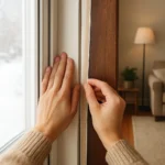 Manos revisando el borde de una ventana y una puerta con un burlete adhesivo en una habitación ordenada.