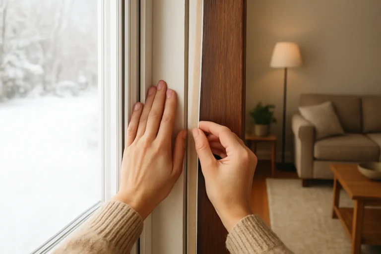 Manos revisando el borde de una ventana y una puerta con un burlete adhesivo en una habitación ordenada.