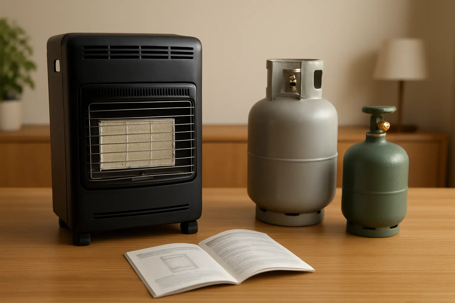 Manual y etiqueta de una estufa de gas junto a dos bombonas como referencia visual de compatibilidad.
