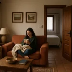 Un salón cálido en una vivienda, con una puerta abierta que deja ver un dormitorio más frío al fondo.