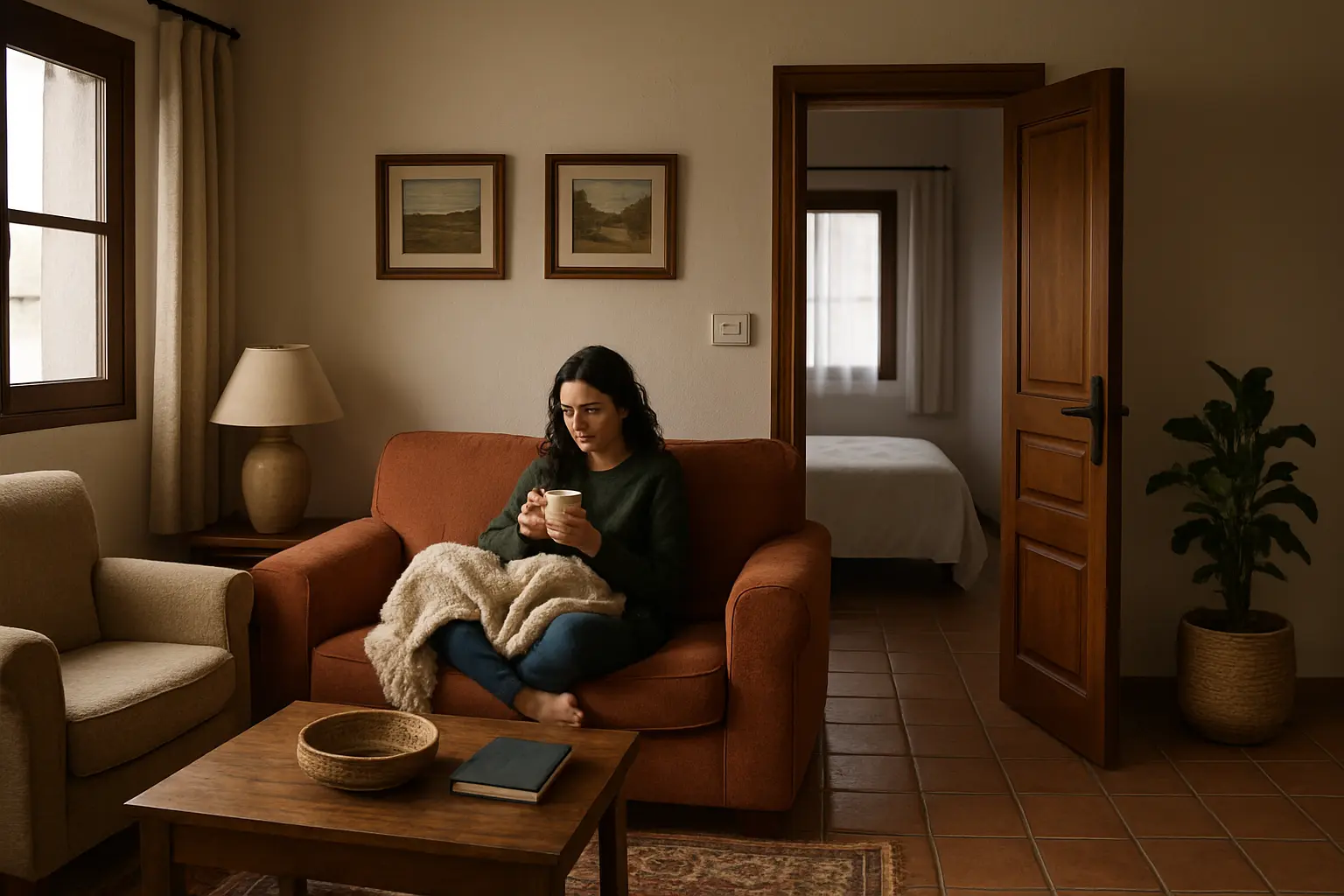 Un salón cálido en una vivienda, con una puerta abierta que deja ver un dormitorio más frío al fondo.