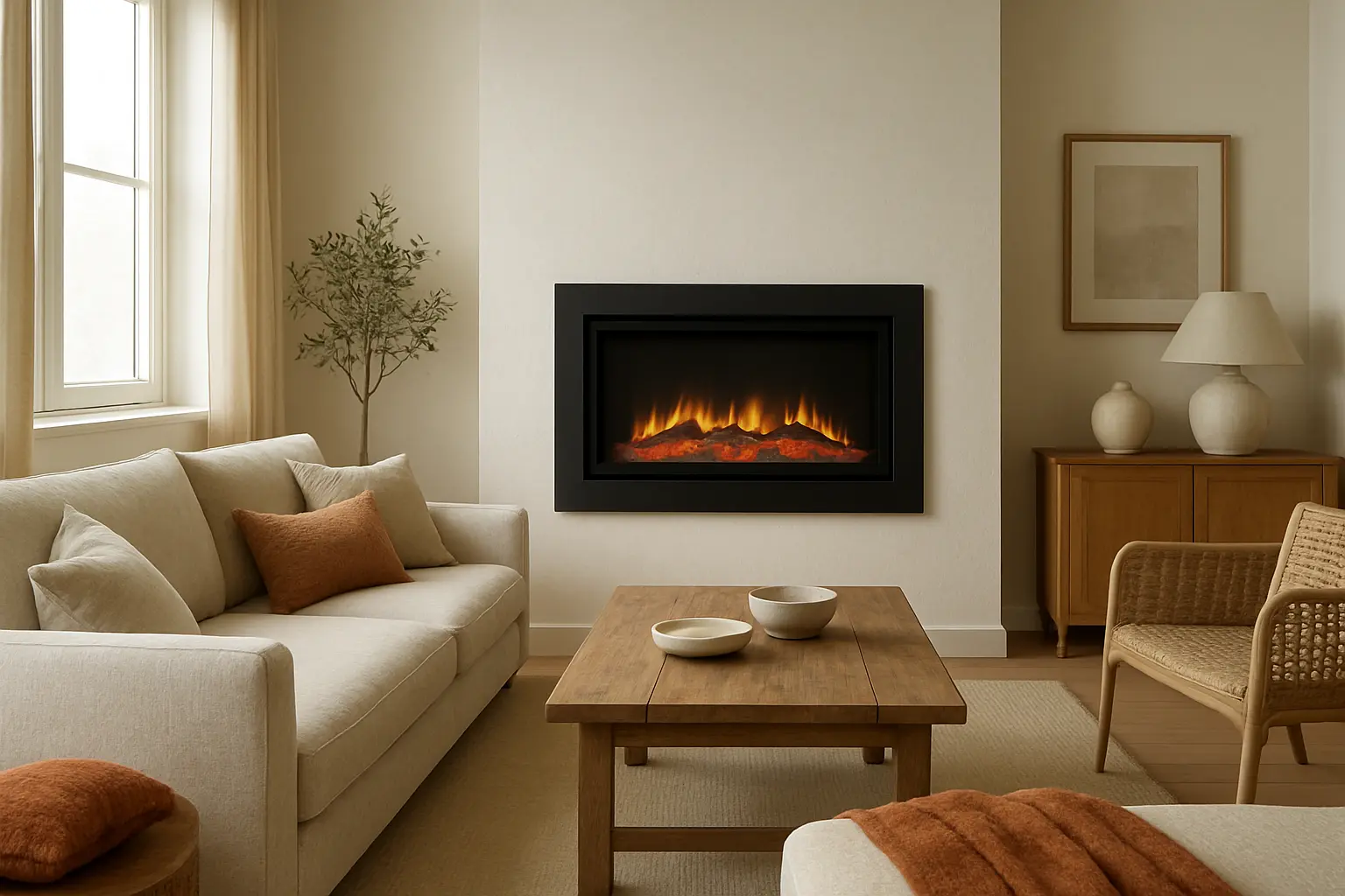 Salón moderno con una chimenea eléctrica encendida y un sofá junto a la pared.