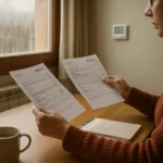 Persona en una mesa comparando facturas de calefacción junto a un termostato y una ventana con ligera condensación.
