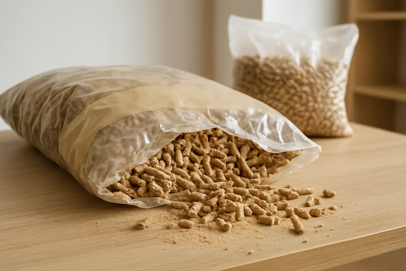 Bolsa de pellets parcialmente dañada con algunos pellets sueltos y otra bolsa intacta al fondo.