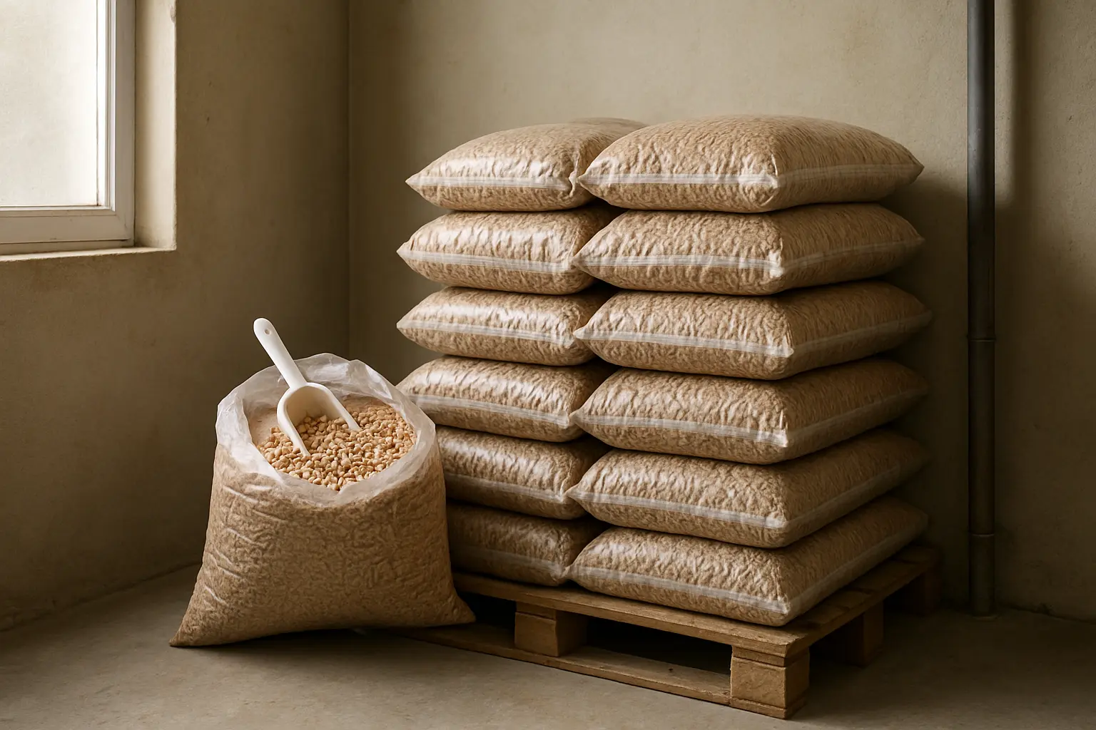 Sacos de pellets apilados sobre un palé en una estancia doméstica con luz natural y una bolsa abierta con pellets visibles.