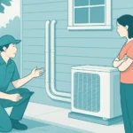 Un técnico y una vivienda con el recorrido visible de una preinstalación de aire acondicionado junto a la zona prevista para la unidad exterior.