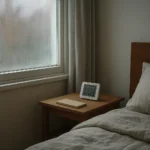 Un dormitorio con una ventana ligeramente empañada por la mañana y un higrómetro sobre la mesilla