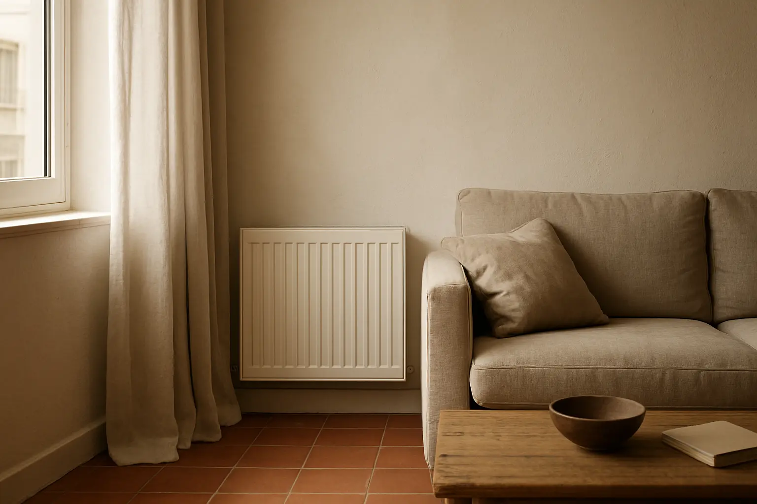 Salón doméstico con un radiador bajo una ventana, una cortina larga y un sofá cercano.