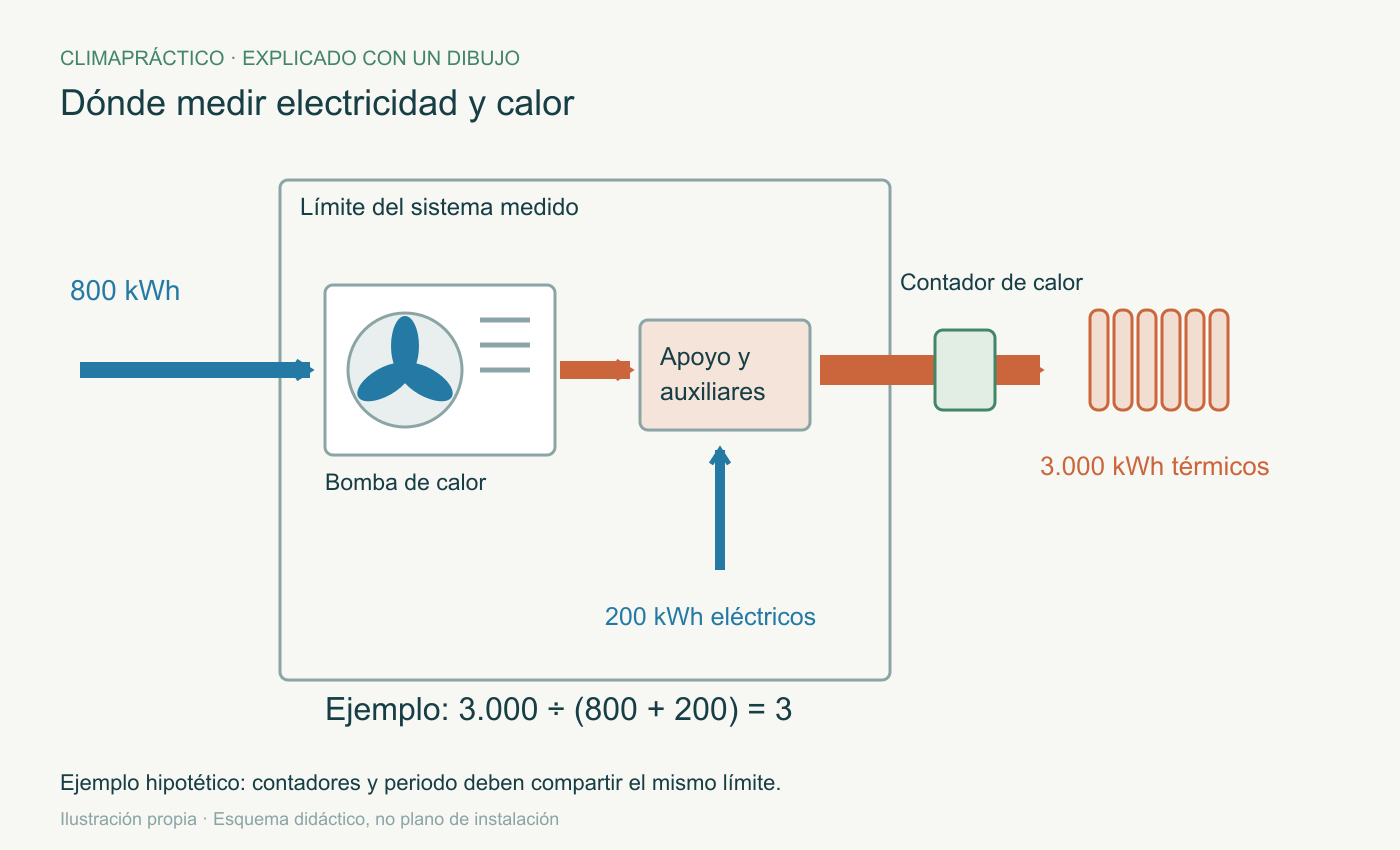 Bomba de calor y apoyo dentro del límite de medida; entrada de 800 más 200 kWh eléctricos y salida de 3000 kWh térmicos.