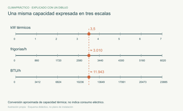 Tres escalas alineadas muestran 3,5 kW térmicos equivalentes a unas 3010 frigorías por hora y 11943 BTU por hora.
