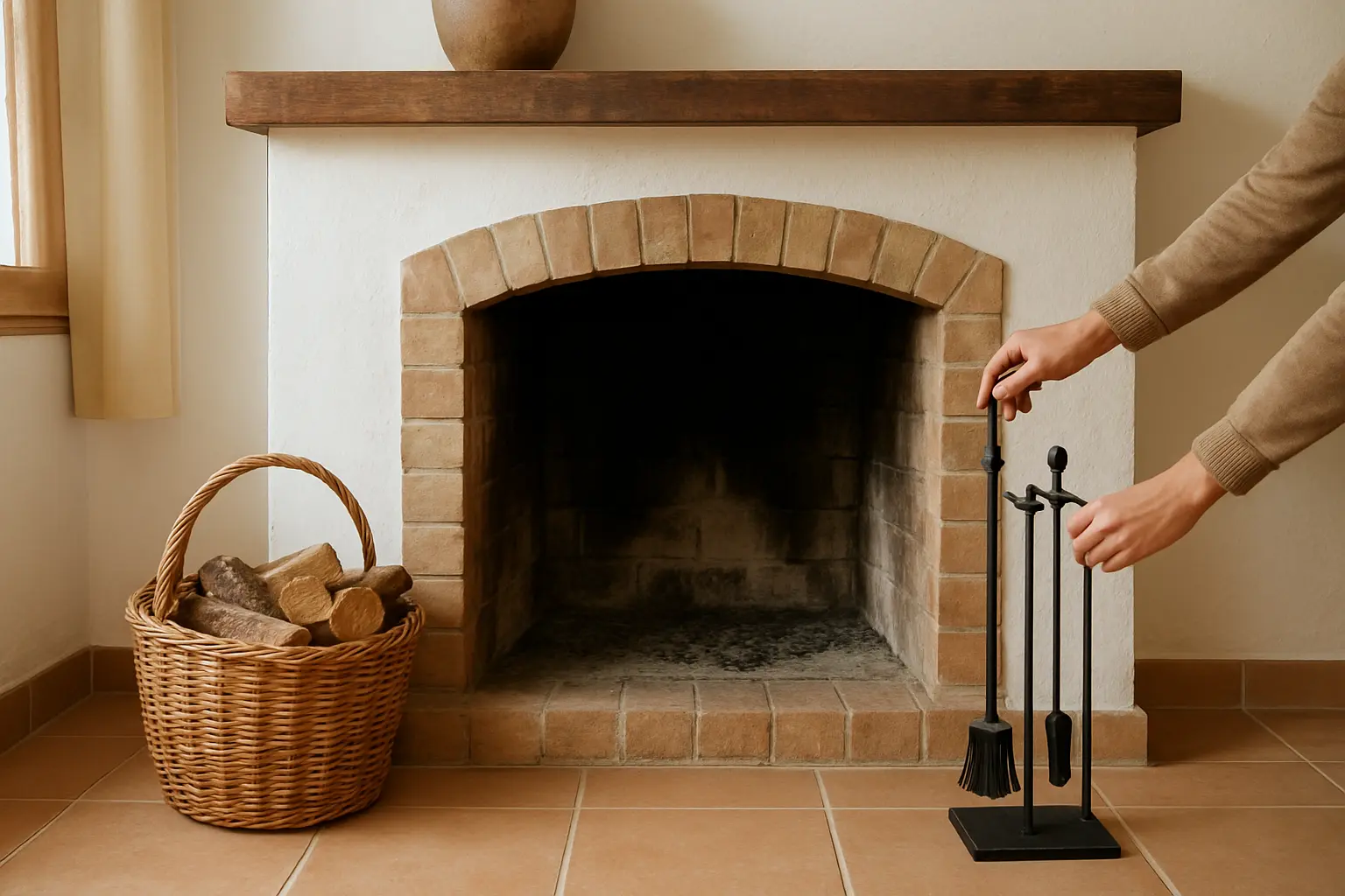 Salón de casa con una chimenea apagada, herramientas de chimenea junto al hogar y leña en una cesta.