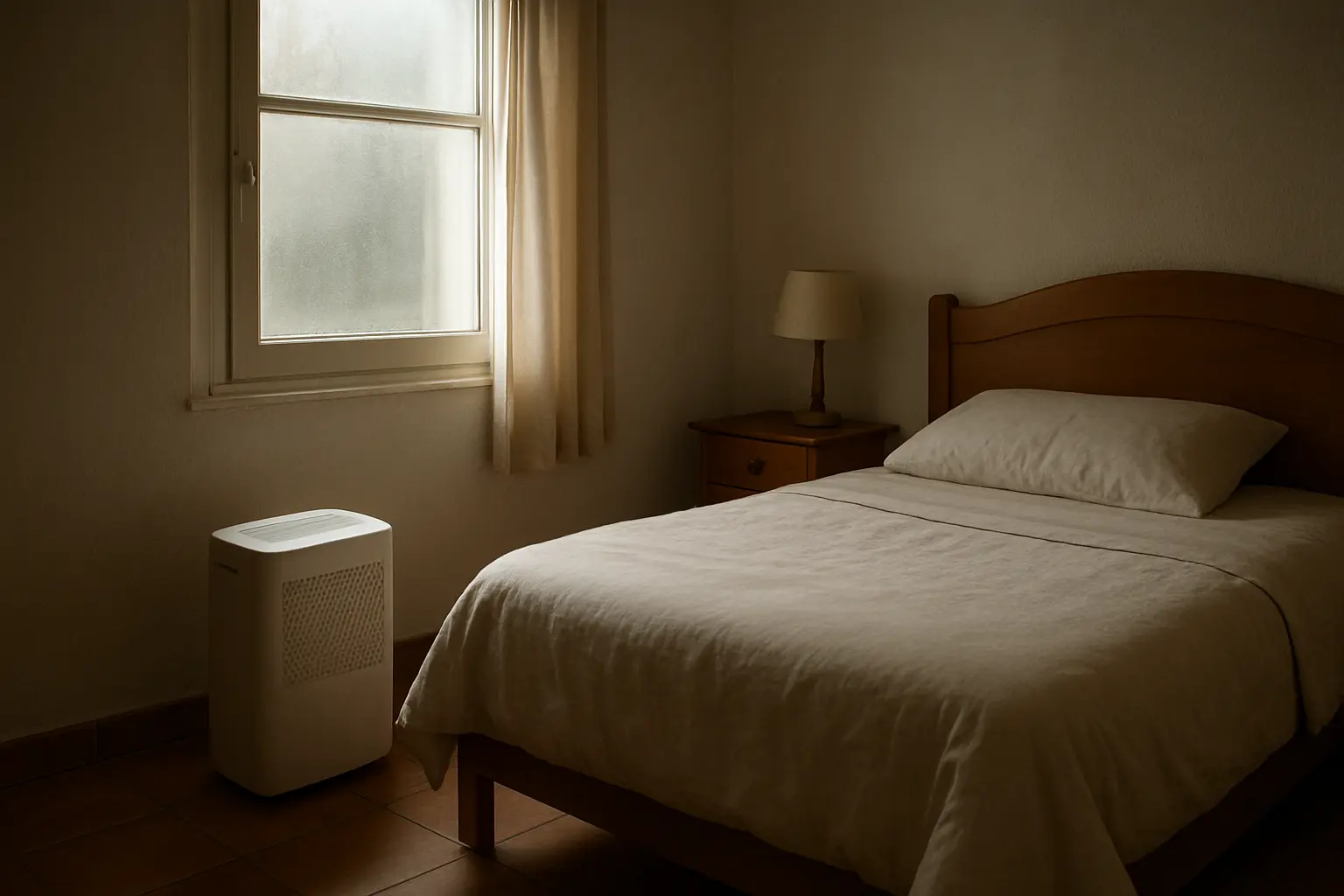 Un dormitorio doméstico con una ventana ligeramente empañada y un deshumidificador compacto junto a la cama