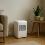Una habitación doméstica con un aparato compacto junto a la pared, una planta y un pequeño medidor de humedad sobre una mesa.