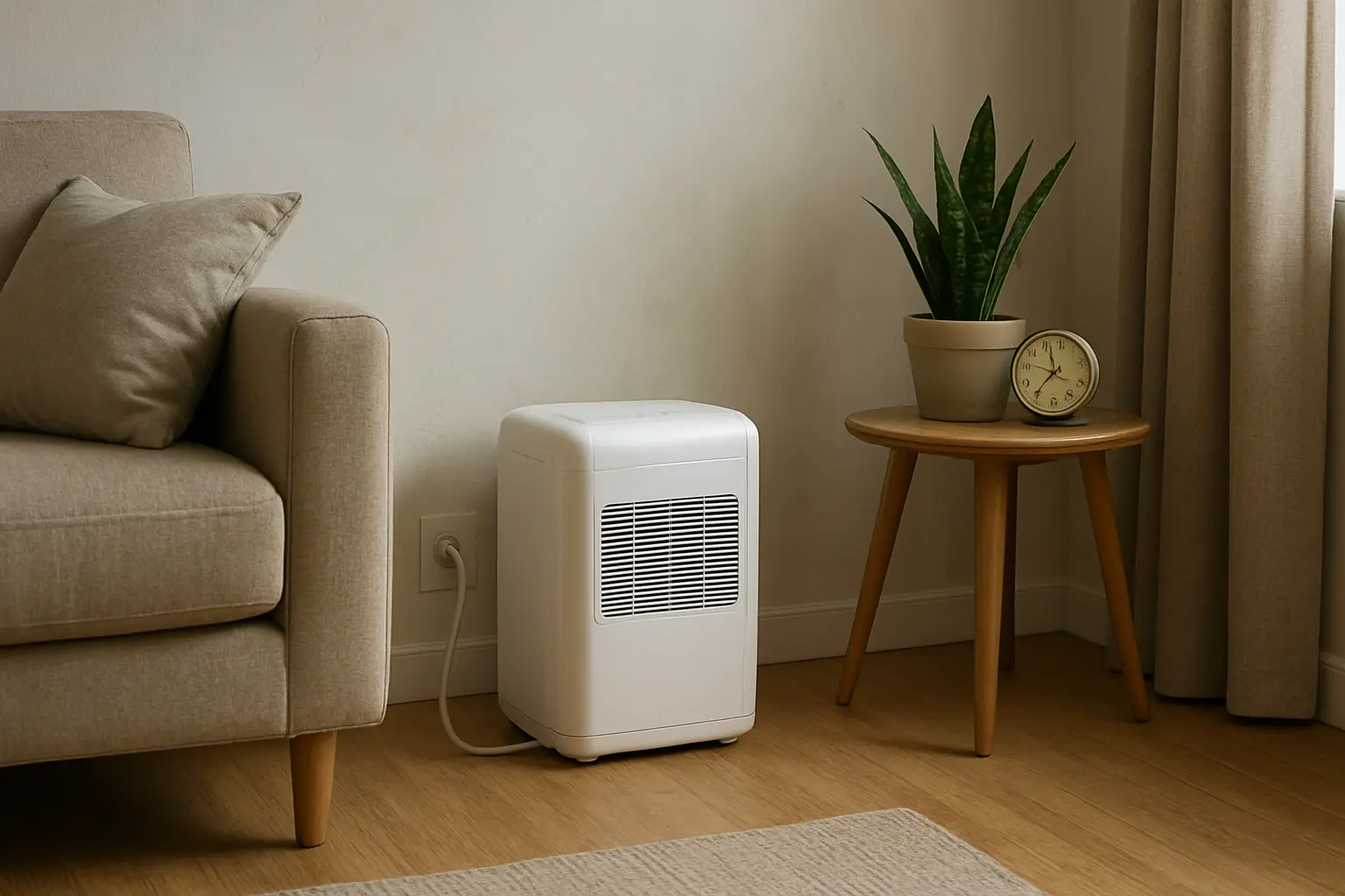 Una habitación doméstica con un aparato compacto junto a la pared, una planta y un pequeño medidor de humedad sobre una mesa.