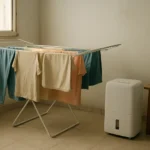 Una habitación doméstica con un tendedero lleno de ropa, un deshumidificador compacto y un pequeño higrómetro sobre una mesa.