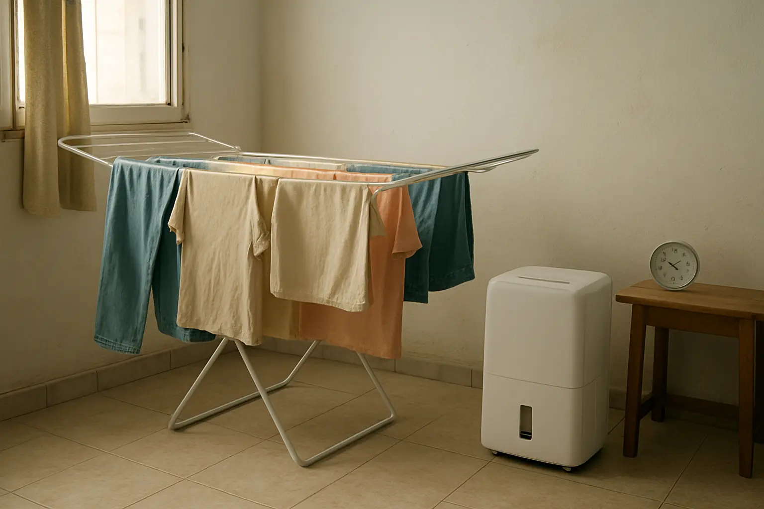 Una habitación doméstica con un tendedero lleno de ropa, un deshumidificador compacto y un pequeño higrómetro sobre una mesa.