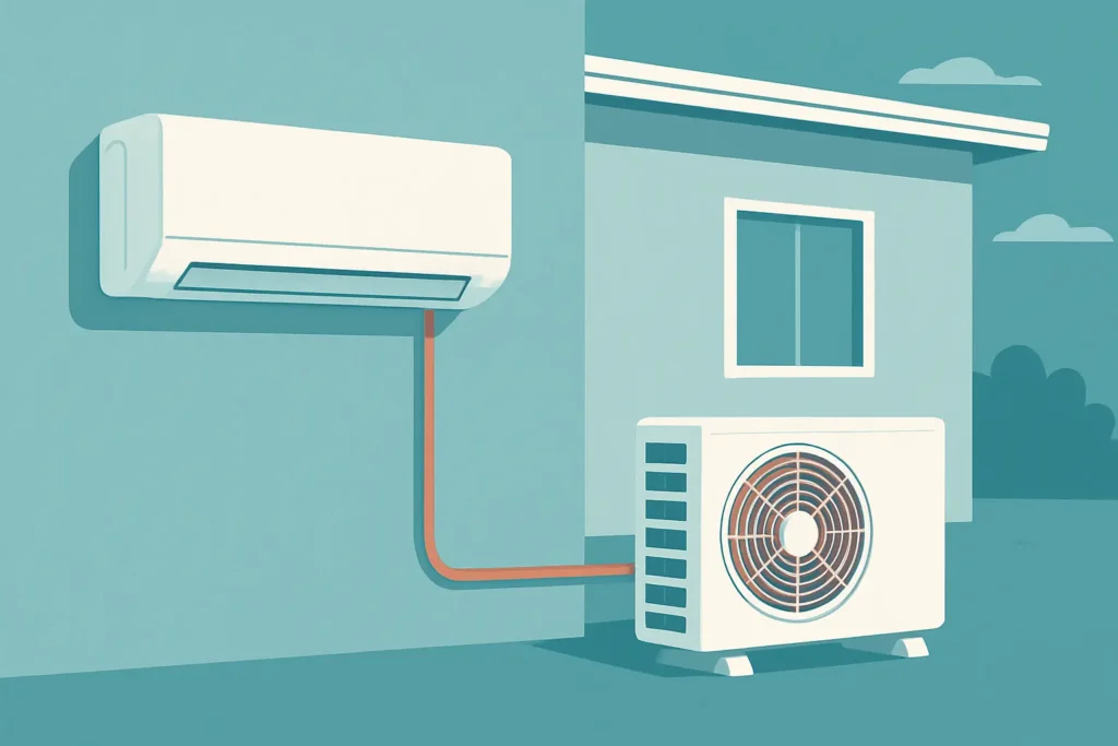 Ilustración de una instalación de aire acondicionado con unidad interior y exterior separadas por cierta distancia.