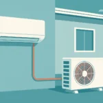 Ilustración de una instalación de aire acondicionado con unidad interior y exterior separadas por cierta distancia.