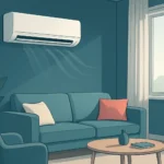 Interior de salón con un split de pared instalado en una zona alta y despejada