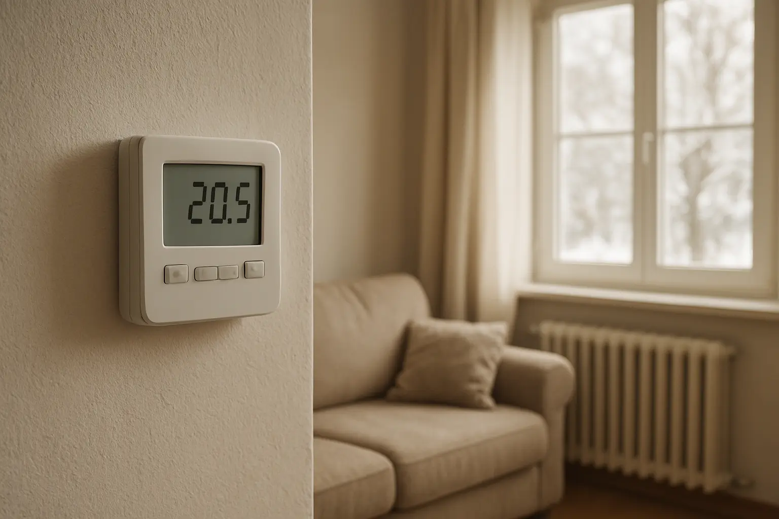 Un termostato de pared junto a una ventana en un salón con sofá y radiador al fondo.