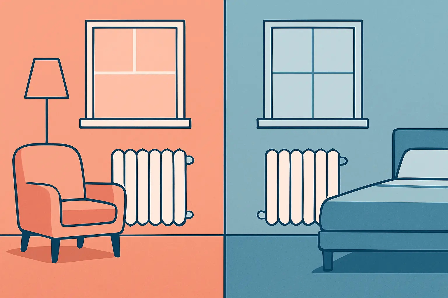 Dos habitaciones con radiadores representadas con distinta sensación de temperatura