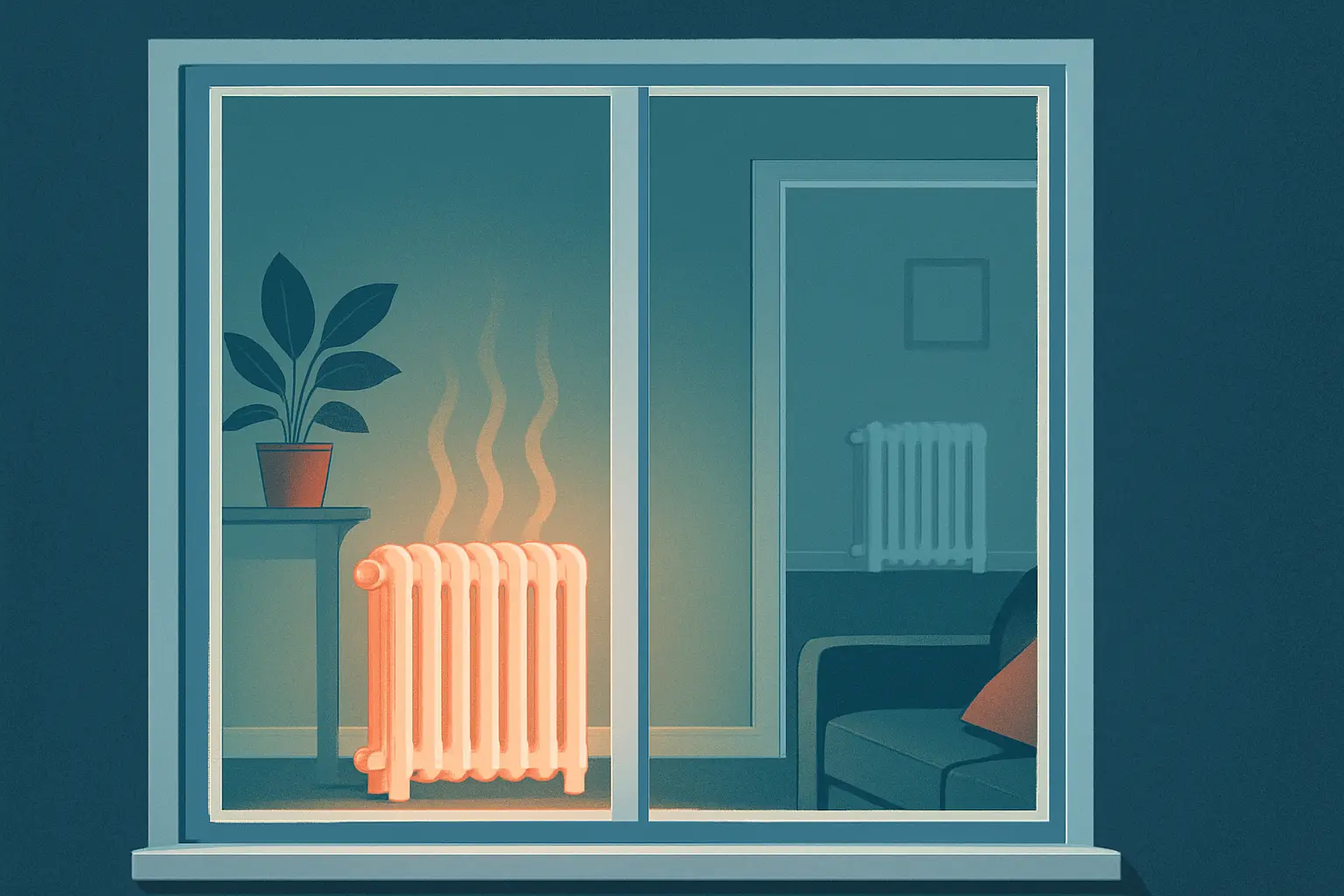 Ilustración de una vivienda con radiadores que calientan de forma desigual entre habitaciones.