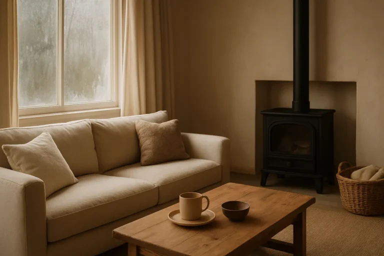 Salón doméstico con una ventana empañada y una estufa de gas apagada al fondo.
