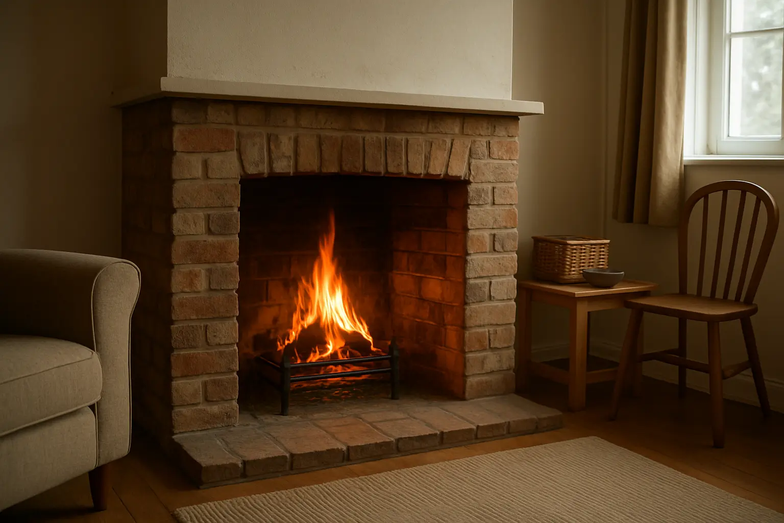 Chimenea abierta encendida en un salón doméstico con mobiliario sencillo.