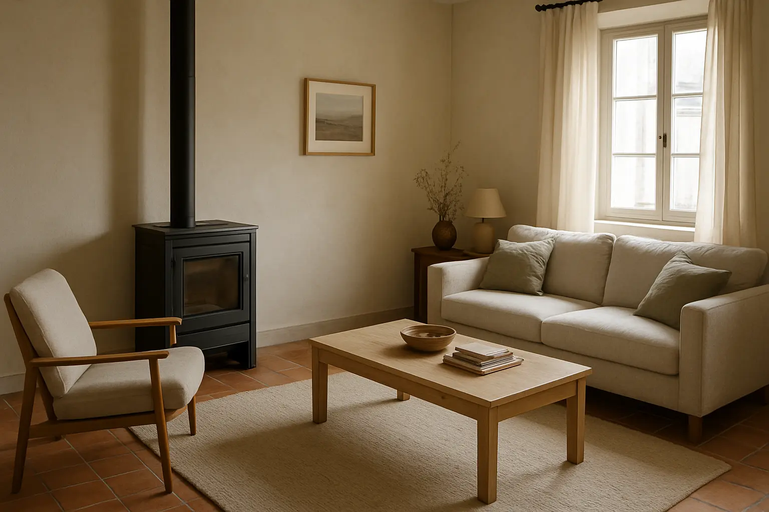 Salón doméstico con una estufa de biomasa apagada junto a muebles sencillos y luz natural.