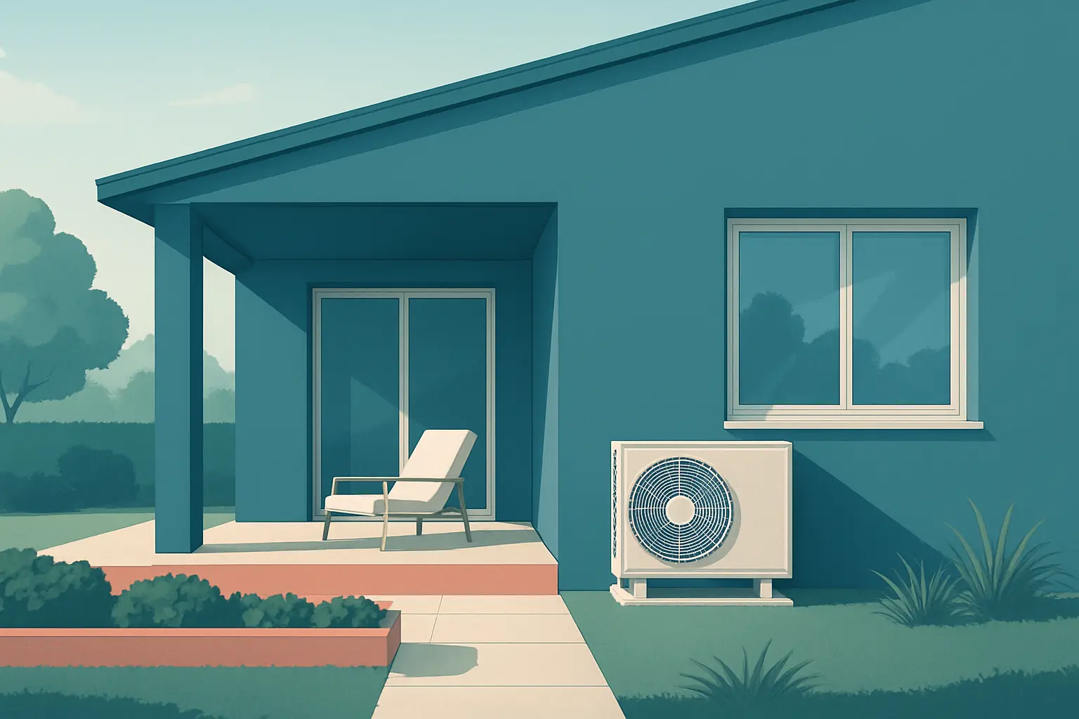 Exterior de una vivienda moderna con elementos de climatización doméstica en un entorno residencial